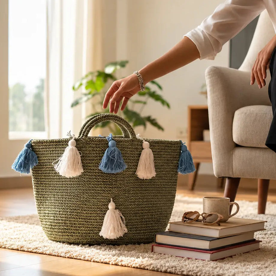Woven Cotton Storage Basket with Handles