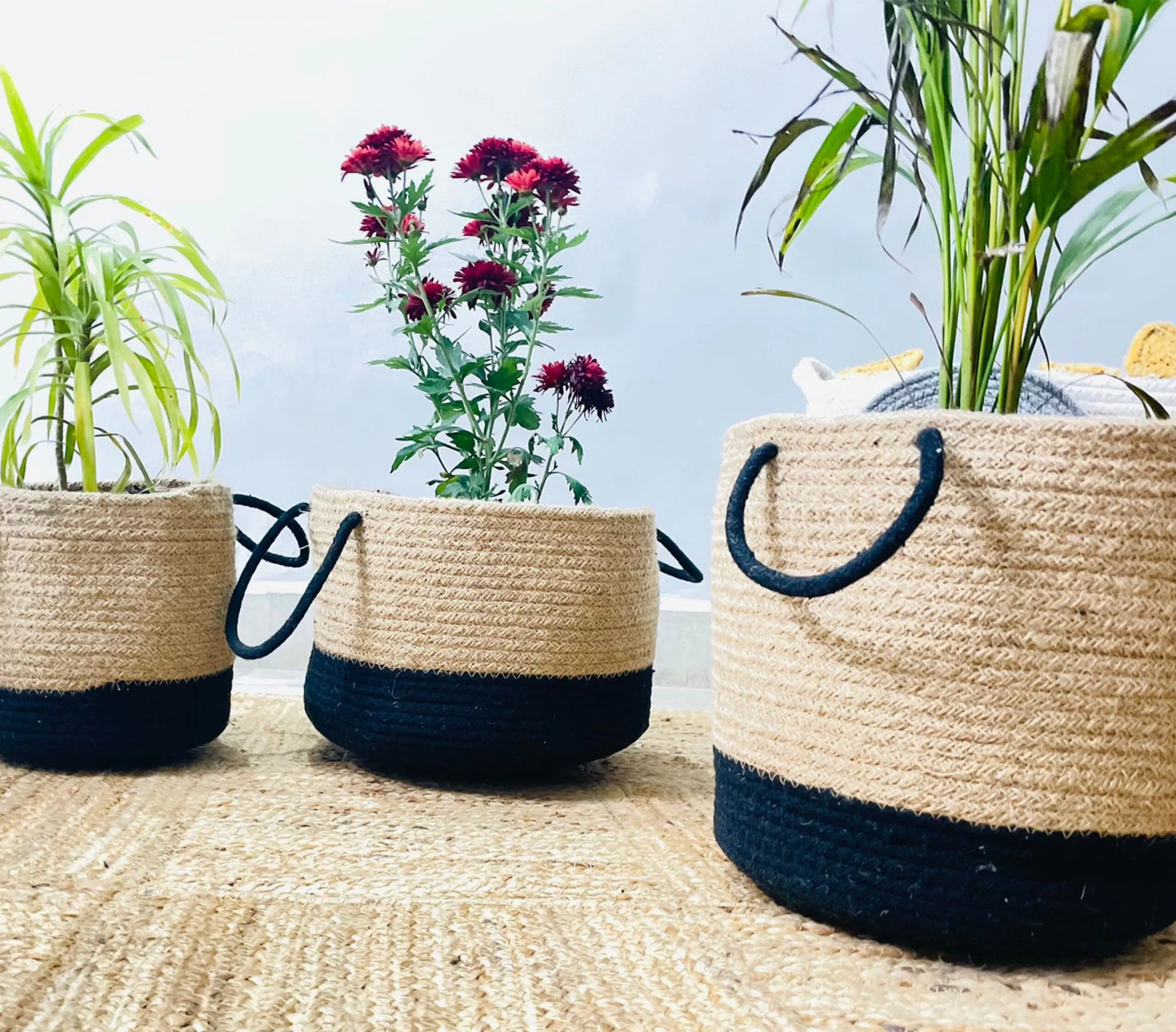 Handcrafted Woven Round Jute Planter Bag Set of 3