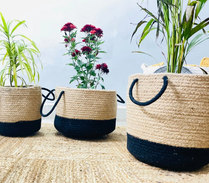 Handcrafted Woven Round Jute Planter Bag Set of 3