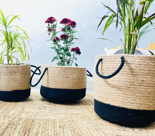 Handcrafted Woven Round Jute Planter Bag Set of 3