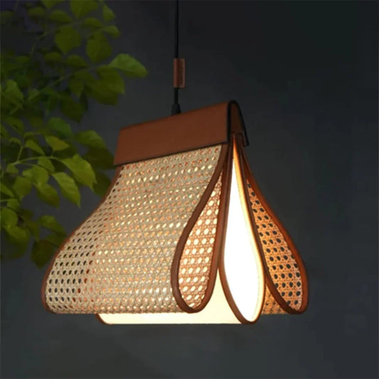 Cane Petal Pendant Light – Faux Leather and Rattan Boho Lighting – 12″ x 14″