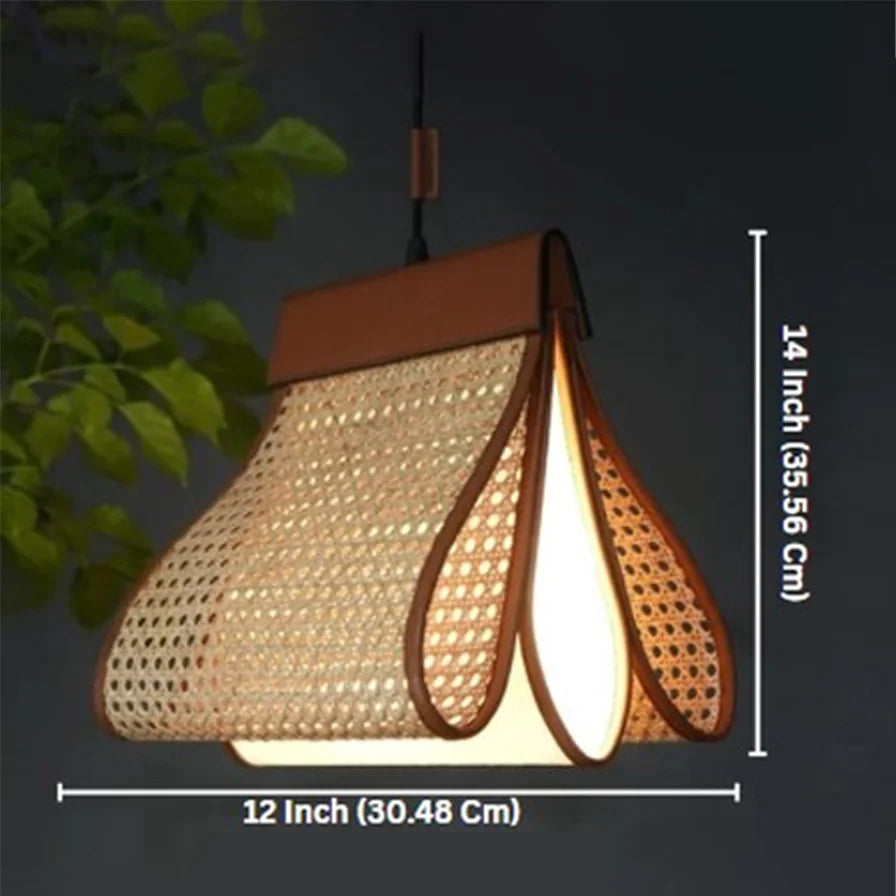 Cane Petal Pendant Light – Faux Leather and Rattan Boho Lighting – 12″ x 14″