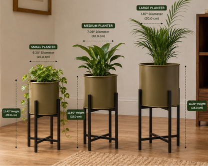 Set of 3 Modern Cylinder Planters on Tiered Metal Stands