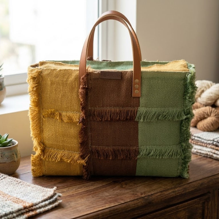 Jute Handbag with Laptop Pocket and Zipper Closure Multicolor
