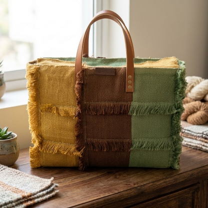 Jute Handbag with Laptop Pocket and Zipper Closure Multicolor