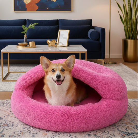 Premium Hooded Nesting Pet Bed | 65cm Pink