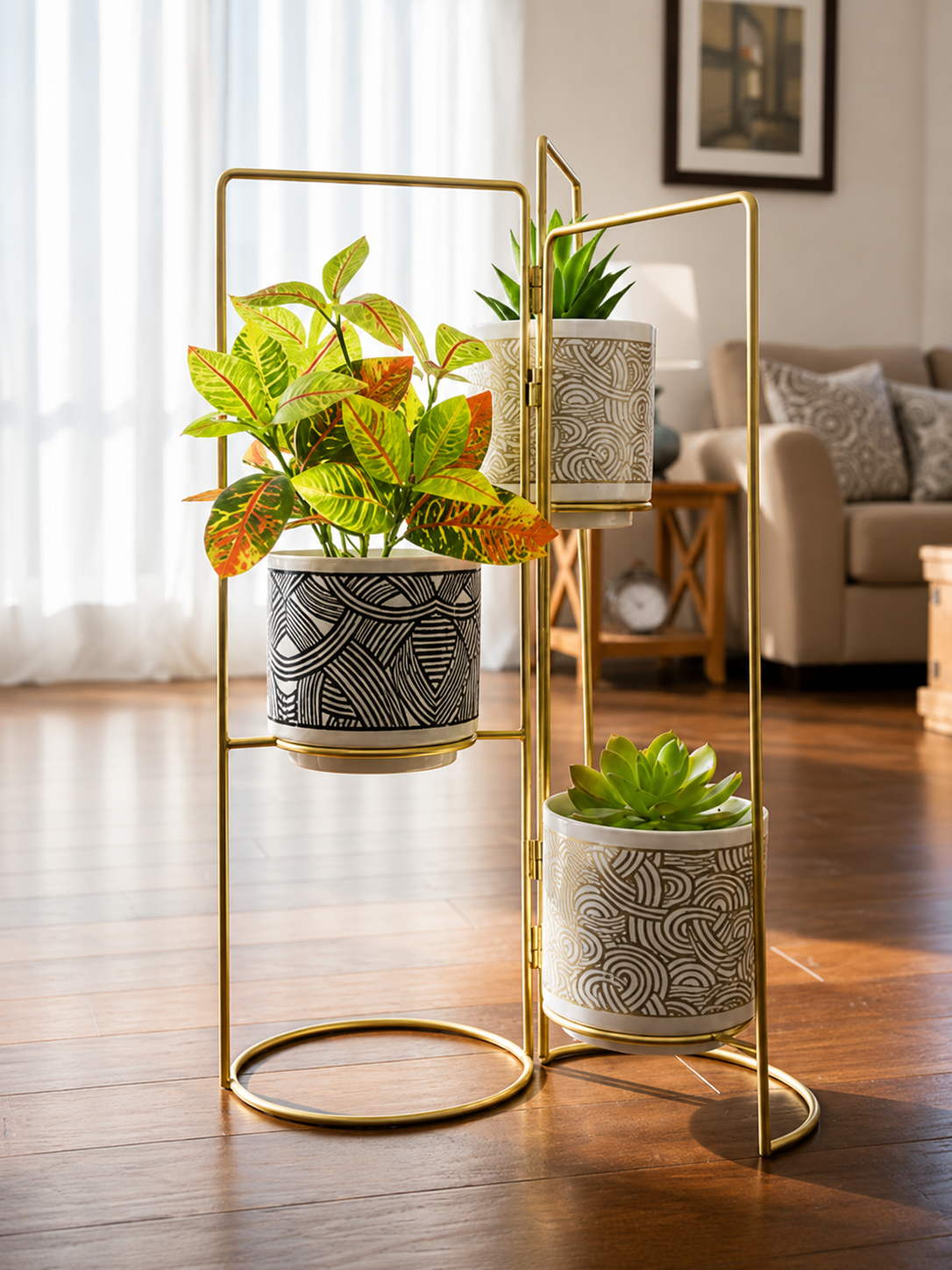 3-Tier Geometric Planter Stand with Gold Frame