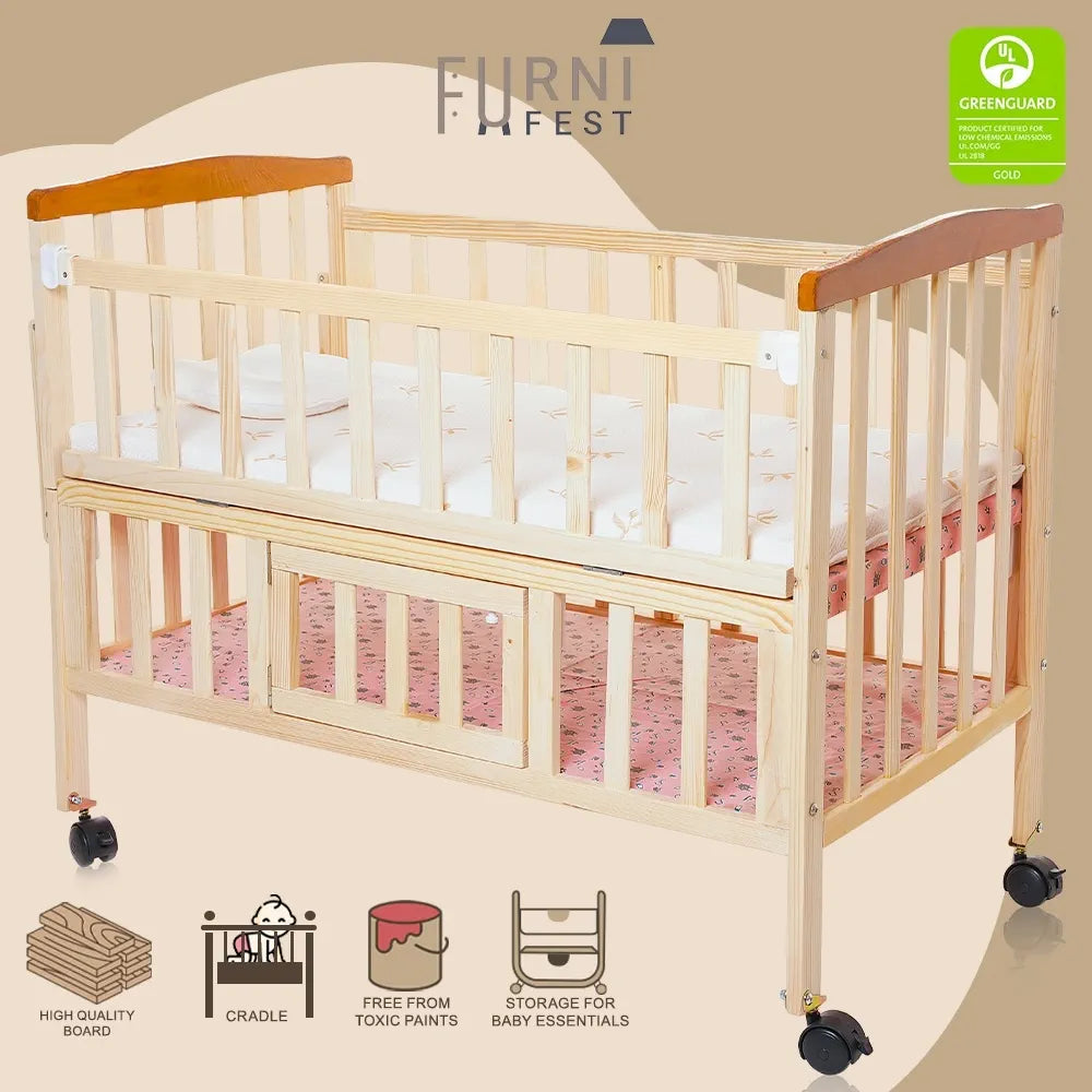 FurniFest Convertible Baby Cot Crib with Mattress and Mosquito Net | Multi-Functional Infant Cradle to Toddler Bed | Breathable Fabric and Locking Wheels