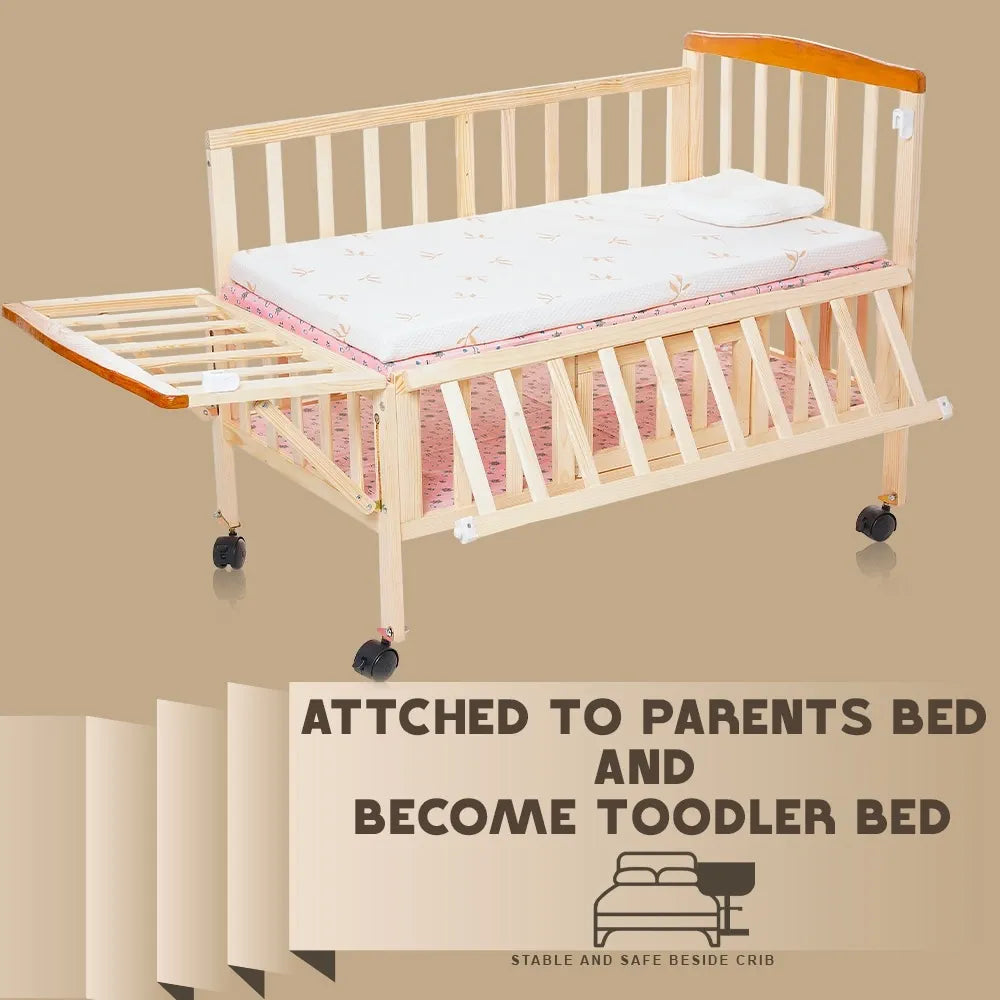 FurniFest Convertible Baby Cot Crib with Mattress and Mosquito Net | Multi-Functional Infant Cradle to Toddler Bed | Breathable Fabric and Locking Wheels