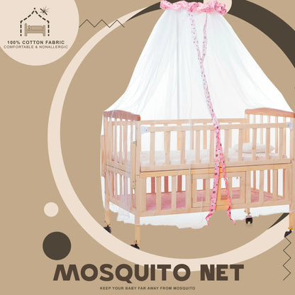 FurniFest Convertible Baby Cot Crib with Mattress and Mosquito Net | Multi-Functional Infant Cradle to Toddler Bed | Breathable Fabric and Locking Wheels