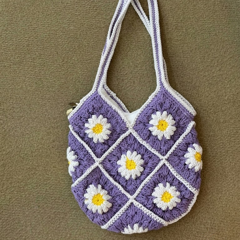Cotton Flower Crochet Handbag for Women Purple