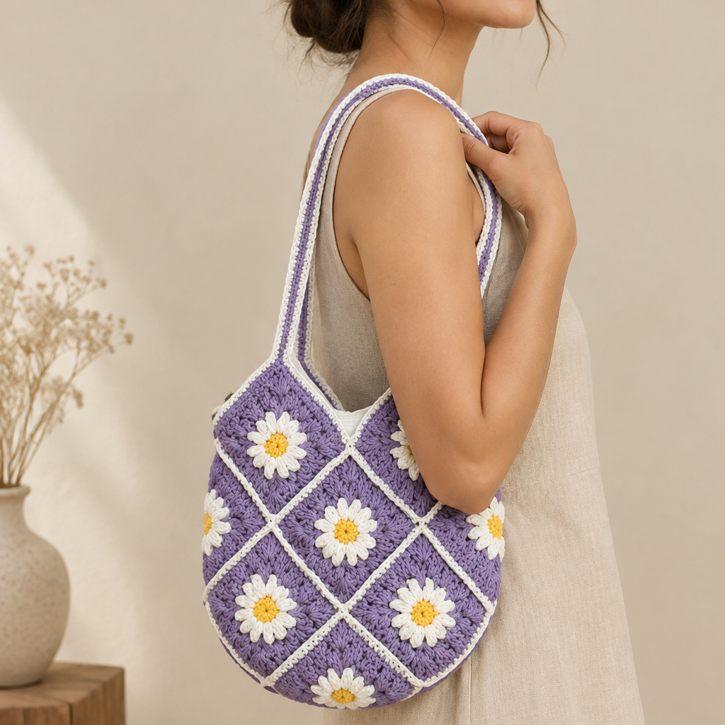 Cotton Flower Crochet Handbag for Women Purple