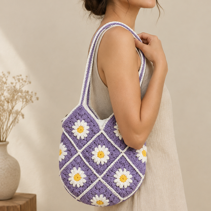 Cotton Flower Crochet Handbag for Women Purple