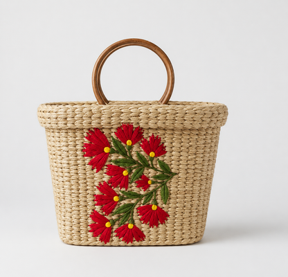 Oval Shopping Kauna Grass Bag with Floral Embroidery