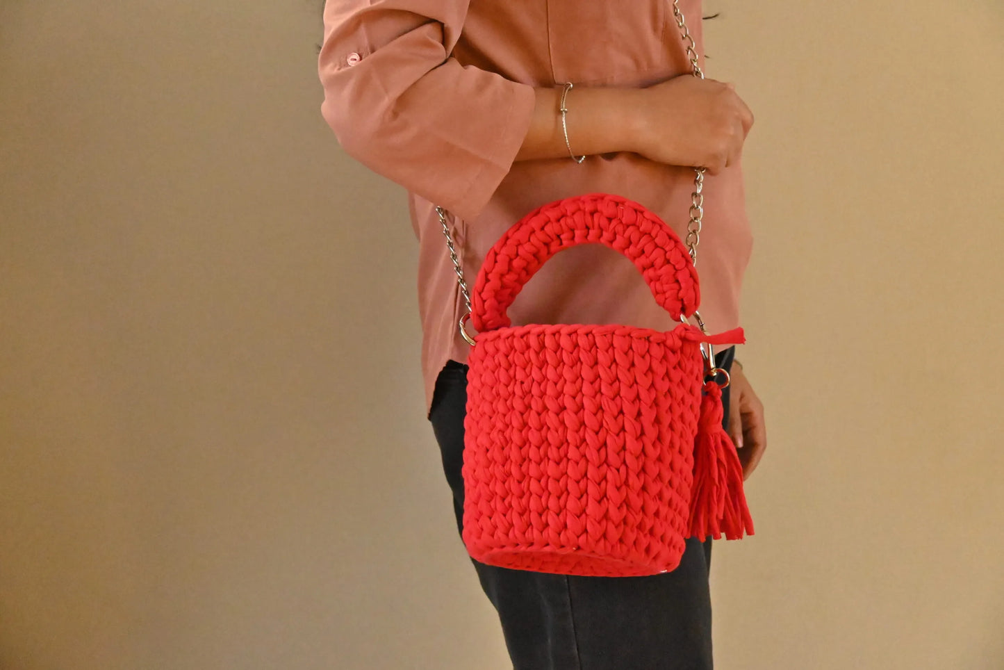 Handmade Vibrant Red Crochet Bucket Bag