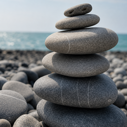 Stack of stones on a pebble beach with ocean in the background