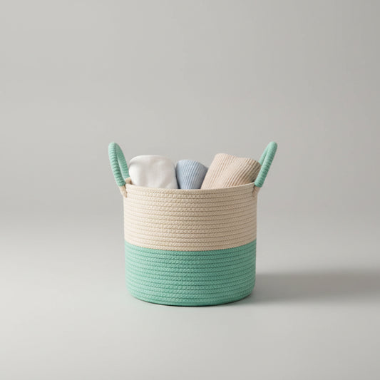 Woven Cotton Rope Basket with Dual-Tone Design and Handles