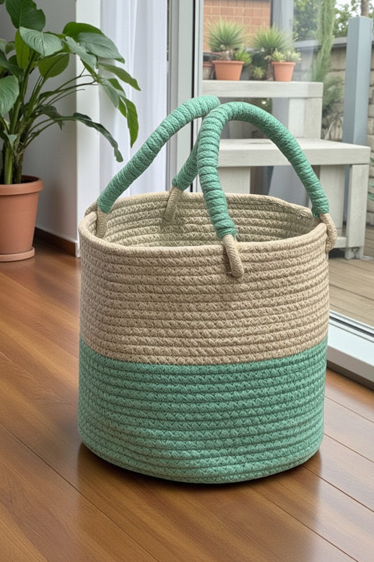 Woven Cotton Rope Basket with Dual-Tone Design and Handles