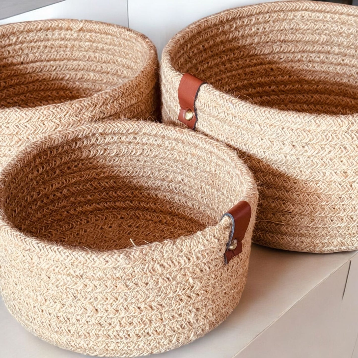 Multipurpose Jute Round Basket Set – Pack of 3 Storage/Shelf Baskets (8×4, 7×3.5, 6×3 inch)