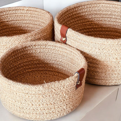 Multipurpose Jute Round Basket Set – Pack of 3 Storage/Shelf Baskets (8×4, 7×3.5, 6×3 inch)
