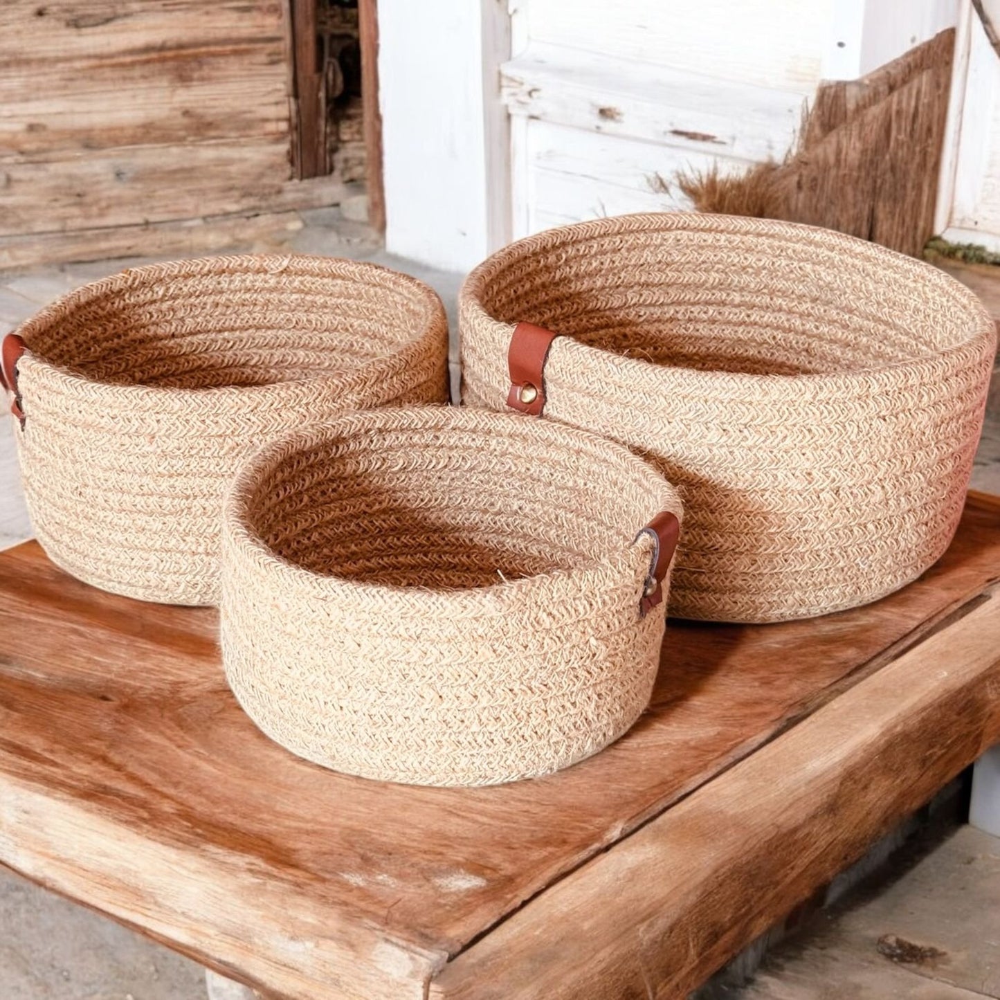 Multipurpose Jute Round Basket Set – Pack of 3 Storage/Shelf Baskets (8×4, 7×3.5, 6×3 inch)