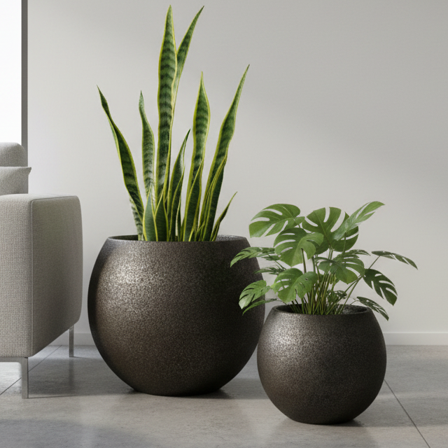 Two potted plants in a modern living room with a gray sofa and wooden coffee table.