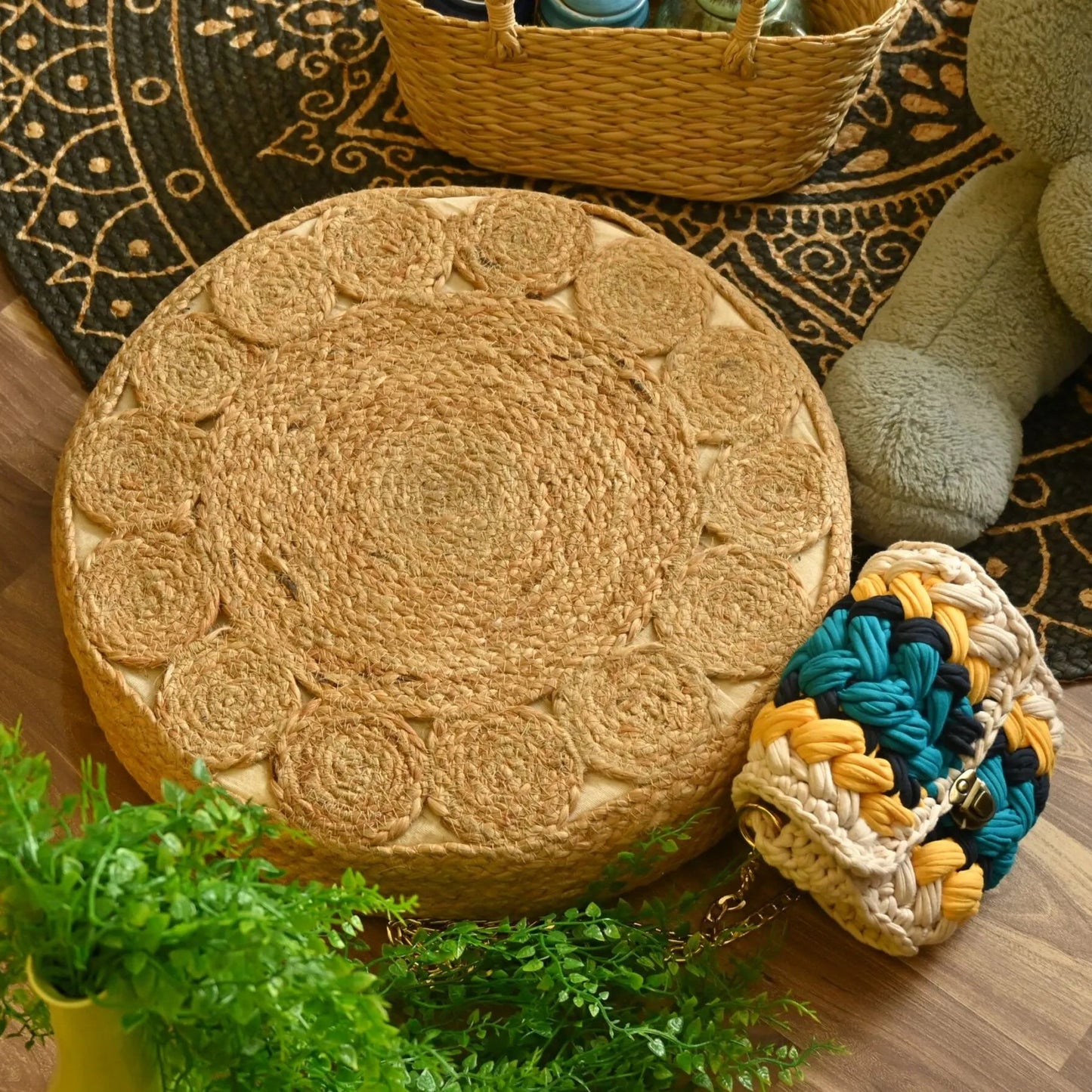 Handcrafted Round Jute Floor Cushion Pouf