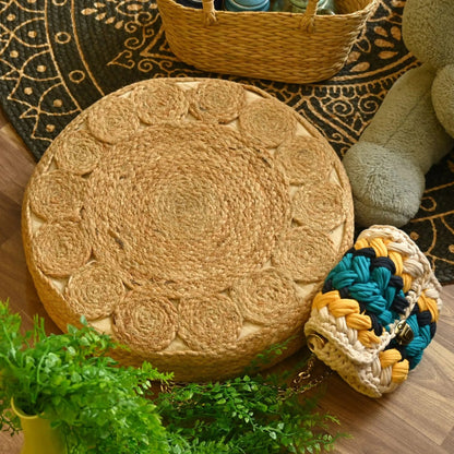 Handcrafted Round Jute Floor Cushion Pouf