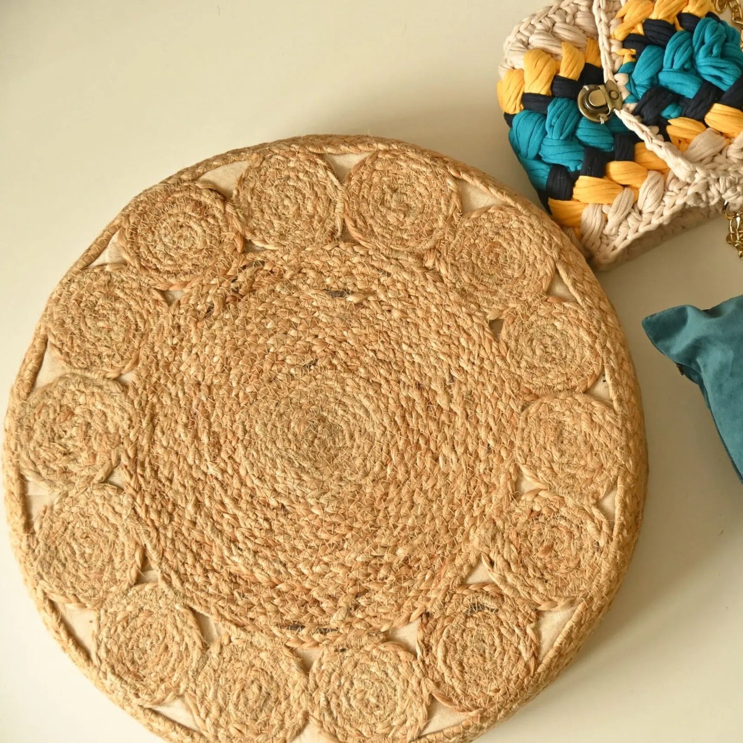 Handcrafted Round Jute Floor Cushion Pouf