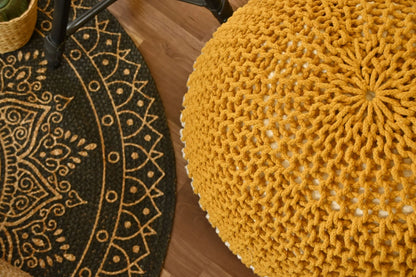 Handcrafted Wide Round Hand-Knitted Cotton Ottoman Pouf