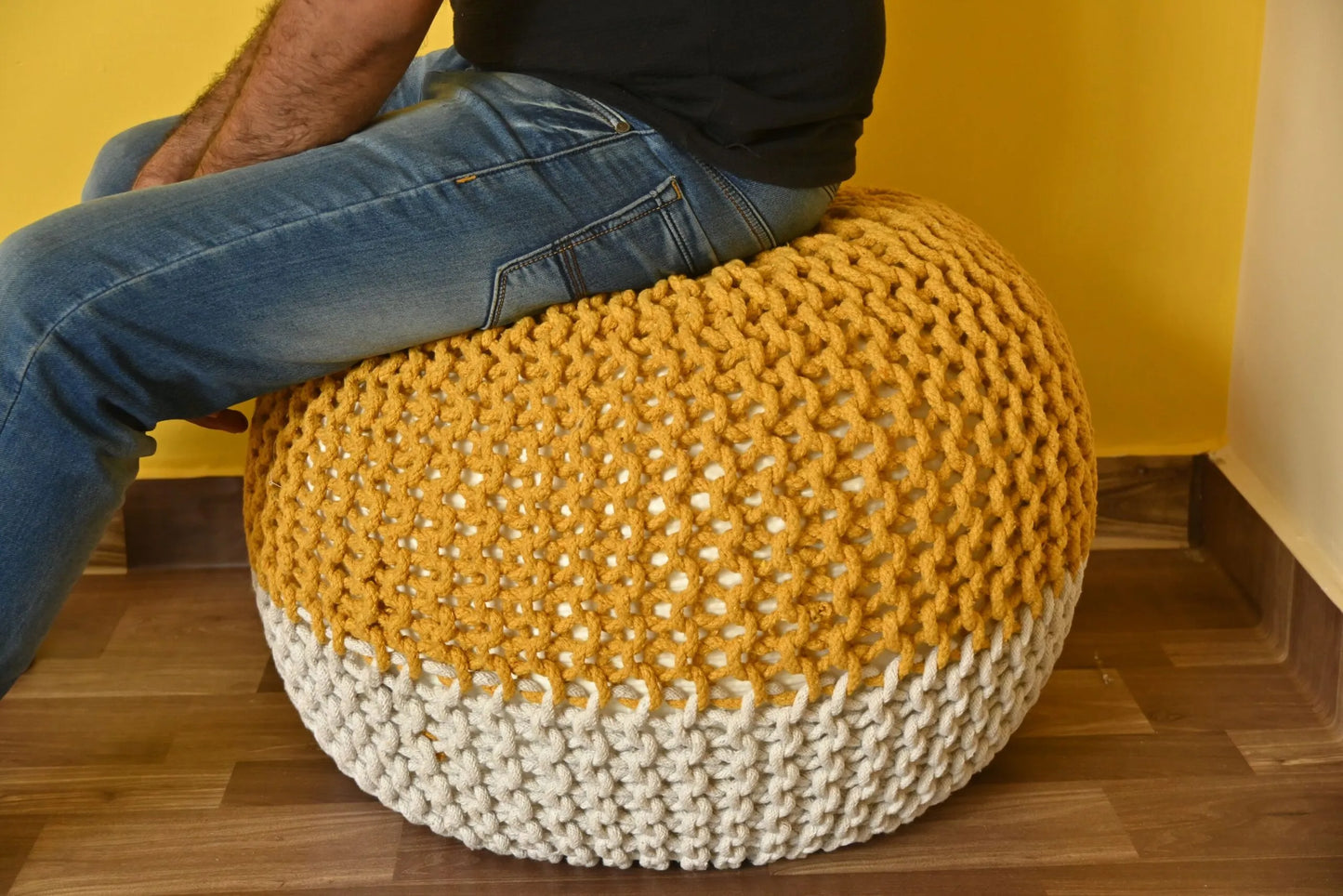 Handcrafted Wide Round Hand-Knitted Cotton Ottoman Pouf