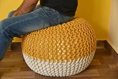 Handcrafted Wide Round Hand-Knitted Cotton Ottoman Pouf