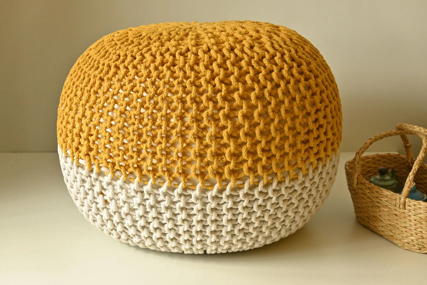 Handcrafted Wide Round Hand-Knitted Cotton Ottoman Pouf