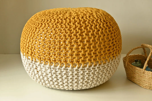 Handcrafted Wide Round Hand-Knitted Cotton Ottoman Pouf