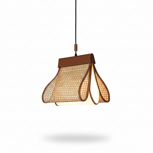Cane Petal Pendant Light – Faux Leather and Rattan Boho Lighting – 12″ x 14″