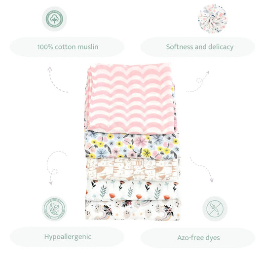 100% Cotton Muslin Swaddles – Set of 5