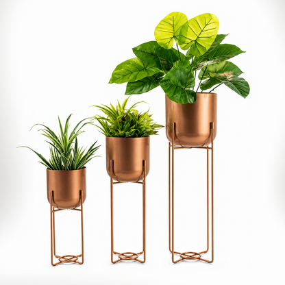 Three Cylindrical Metal Planters Modern Set of 3