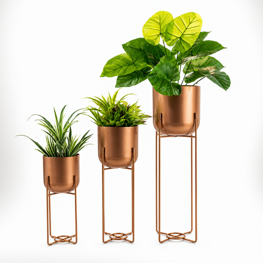 Three Cylindrical Metal Planters Modern Set of 3