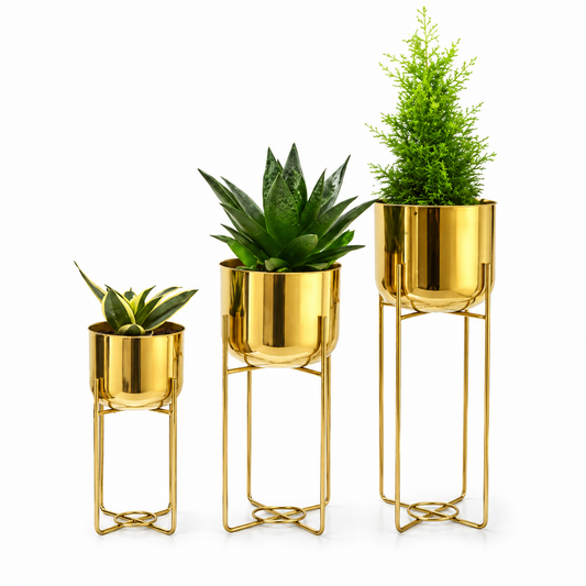 Three Cylindrical Metal Planters Modern Set of 3