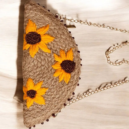 Sunflower Embroidered Jute Clutch – Half Moon Bag with Zipper & Chain Strap