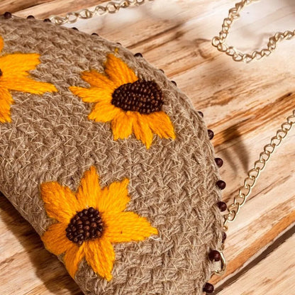 Sunflower Embroidered Jute Clutch – Half Moon Bag with Zipper & Chain Strap