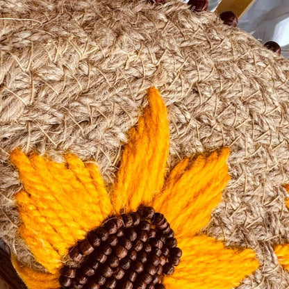 Sunflower Embroidered Jute Clutch – Half Moon Bag with Zipper & Chain Strap