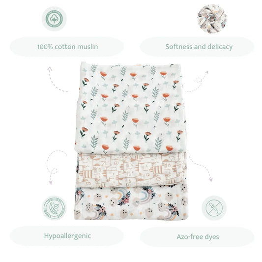 100% Cotton Muslin Swaddles – Set of 3 Neutral