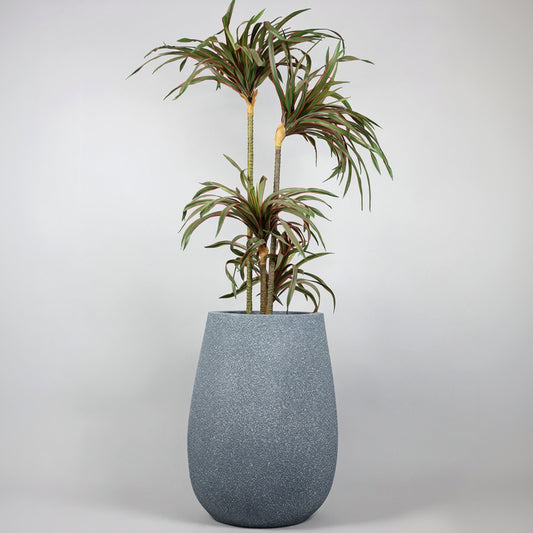 Tall gray textured planter with a green plant on a light gray background