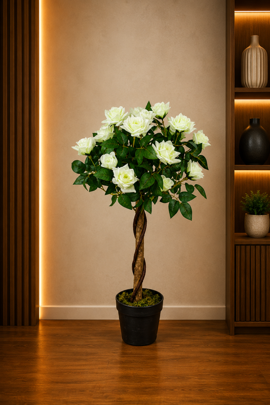 Artificial White Rose Plant - 35.43″ Faux Decor