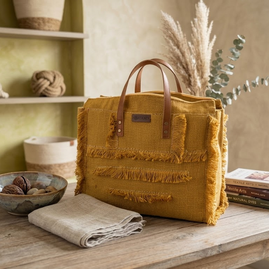Jute Handbag with Laptop Pocket and Zipper Closure Mustard