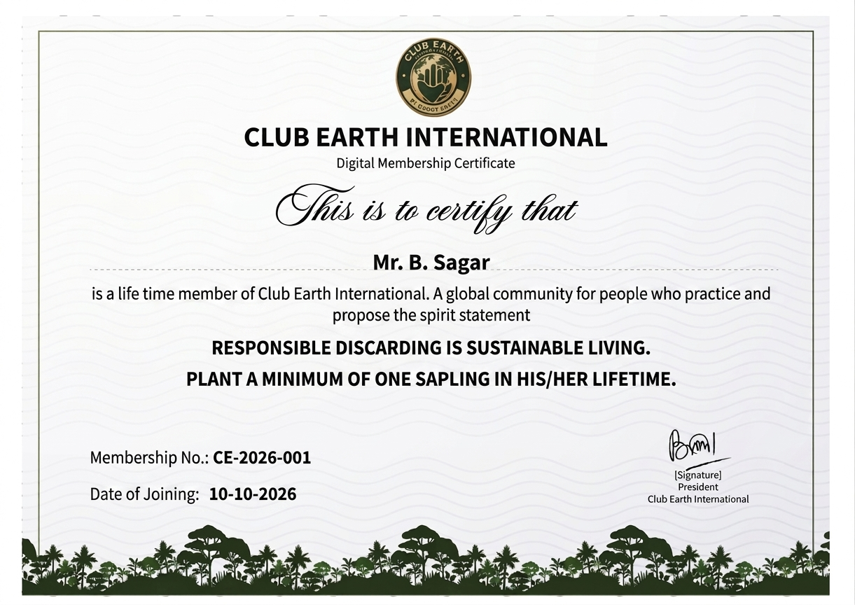 Club Earth International Sample Certificate