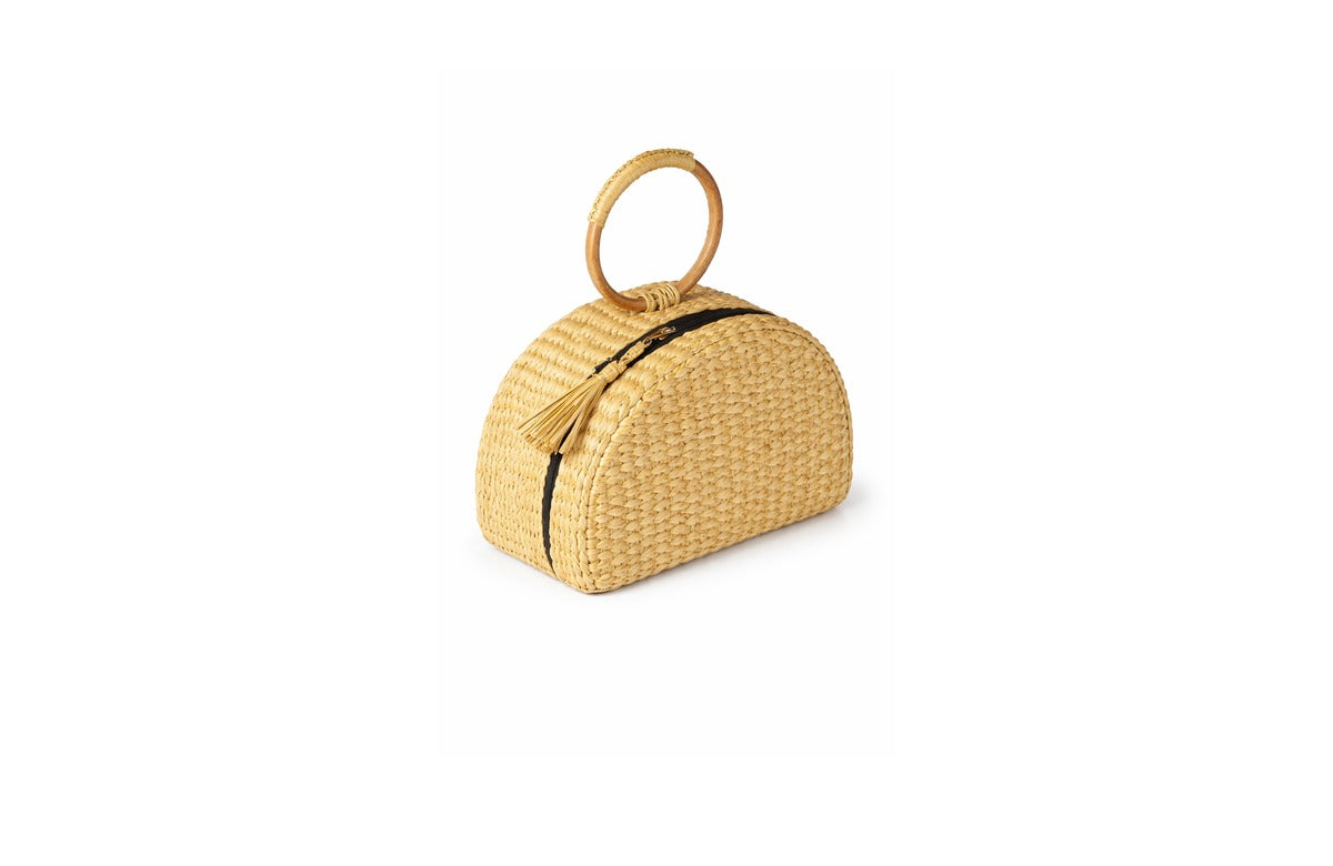 Sunflower Embroidered Jute Clutch – Half Moon Bag with Zipper & Chain Strap